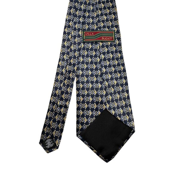 Villa Bugatti Mens Silk Necktie Navy Gold Geometric Diamond Pattern Made In USA - Picture 4 of 5